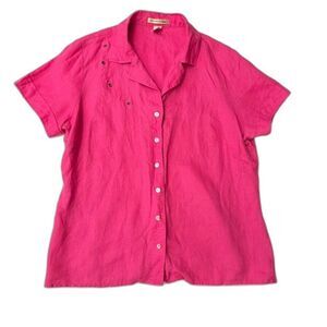 Ecologie Womens 100% Linen Short sleeve Embroidered Button Shirt Pink Size XL